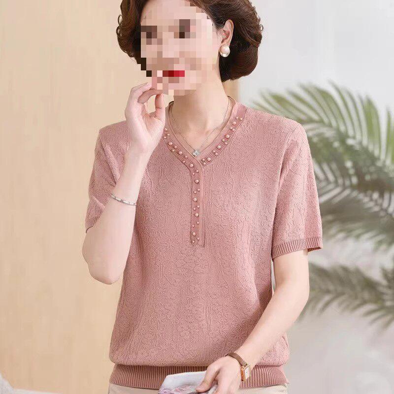 

Summer Ice Silk T-shirt Set: Fashionable Short-Sleeve for Young Moms & Older Women M рожевий