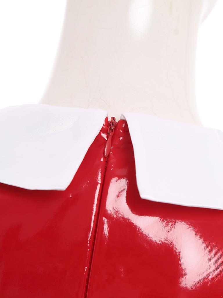 Women French Maid Dress Satin Lapel Collar Lace Trim Short Sleeve Wet Look PU Maxi Apron Costume