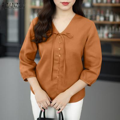 Women Lace Up V-Neck Looe 3/4 Sleeve Blouse