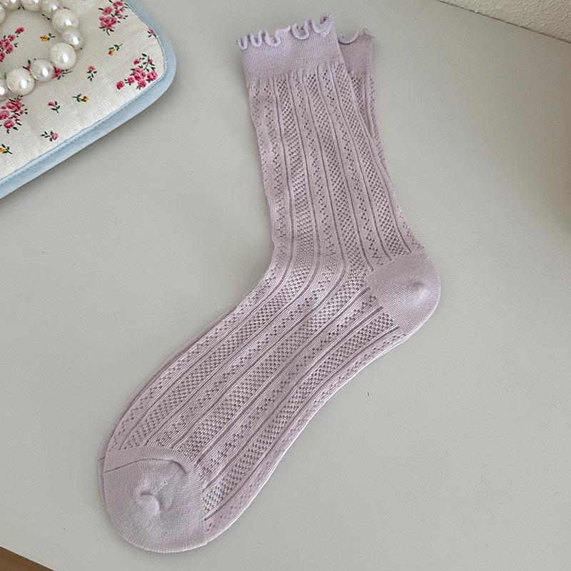 Women's White Mid-Calf Cotton Mesh Slouch Socks with Wood Ear Edge – Breathable, Thin, Summer Style