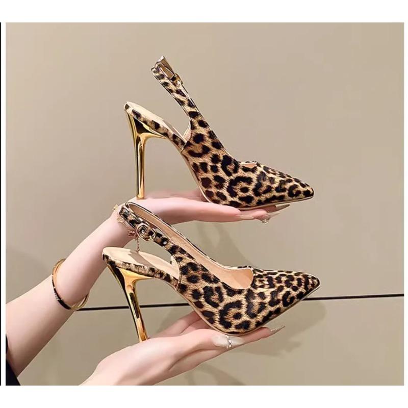 Fashion 2025 Women's Temperament Leopard Print Toe Cap Sandals Women's Shoes Summer French Slim Heels High Heels Pointed Shoes