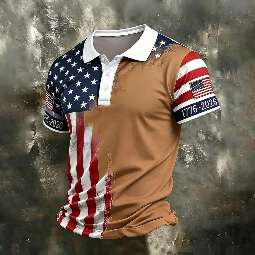 Men's Casual Quick Dry Mesh Golf Polo Shirt Short Sleeve Lightweight Breathable Button Down Top 1776-2026 Flag Print