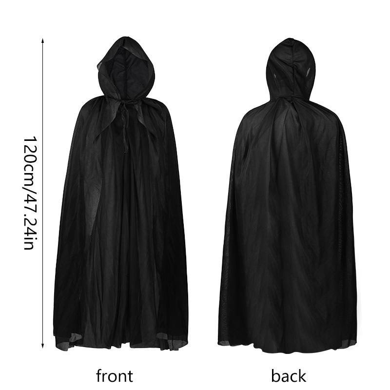 

Черный длинный плащ с капюшоном 120-140 см для вечеринки на Хэллоуин, костюма ведьмы, реквизита для косплея, реквизита для выступлений, плаща смерти, маскарадного костюма