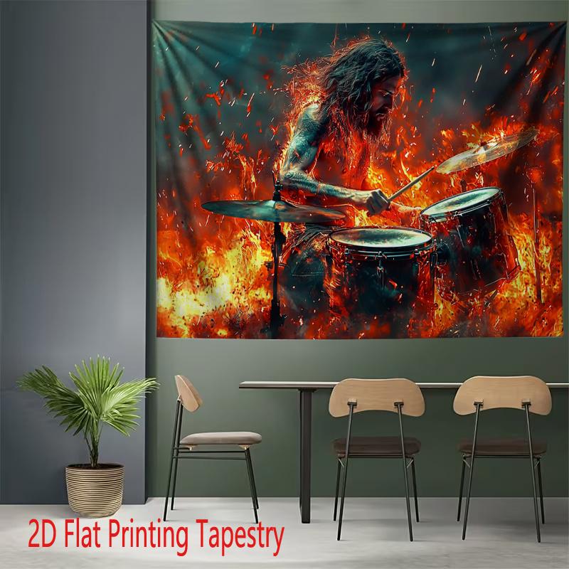 Epic Fire Warrior Drum Playing Tapestry Wall Decor Mural Art Large 180x280cm Bohemian Style Home Decoration Print
