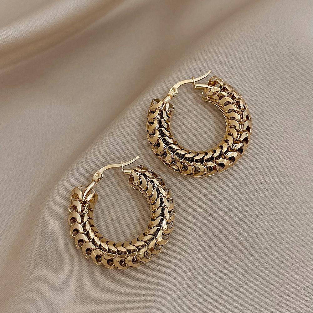 FLASHBUY Stainless Steel Gold Color Geometric Metal Mesh Earrings for Women Girls New Trend Hoop Ear Jewelry Gift