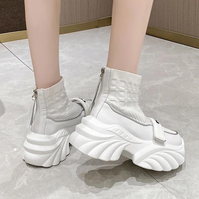 Fashion Knitting High Platform Sneakers Women Autumn Thick Bottom Short Sock Boots Non-slip Motorcycle Chunky Shoes Booties Mujer 8.5CM