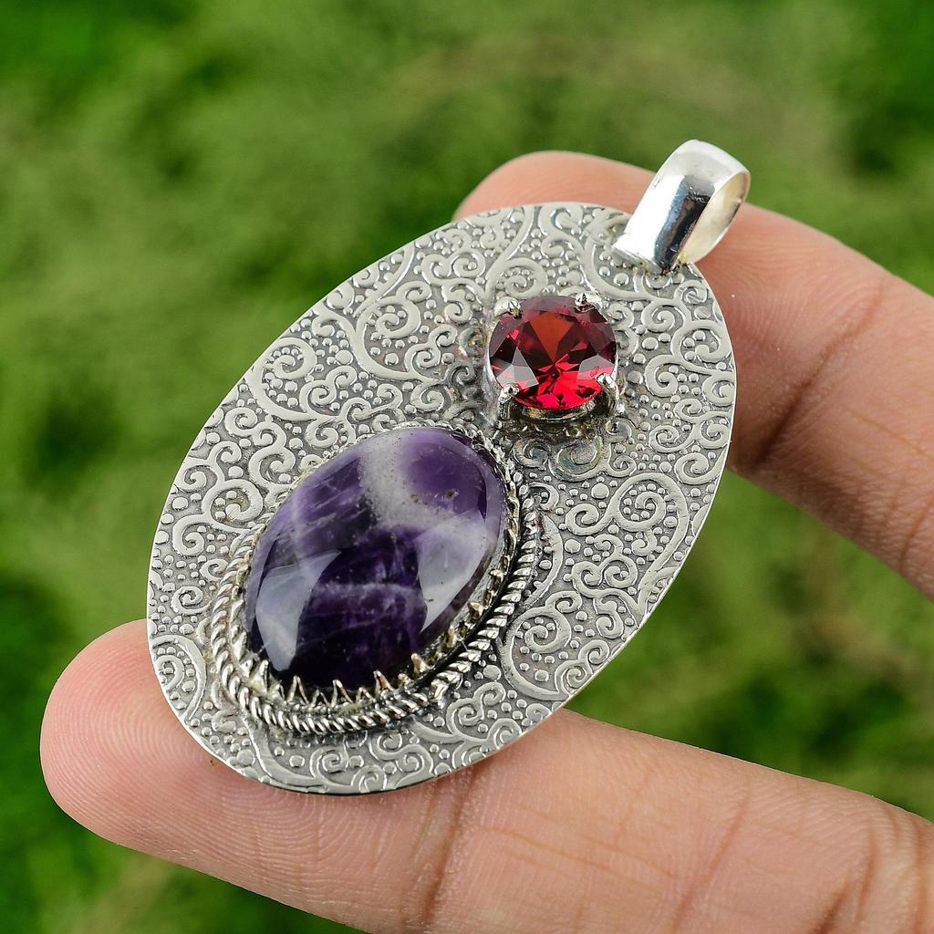 Sterling Silver Oval Chevron Amethyst Stone Mozambique Garnet Pendant Jewelry
