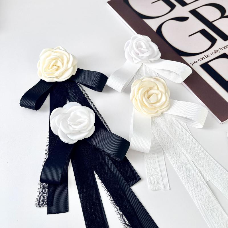 Camellia Flower Ribbon Brooch Black White French Style Pin Brooch For Women Shirt Collar Pins Vintage Party Brooches Jewelry