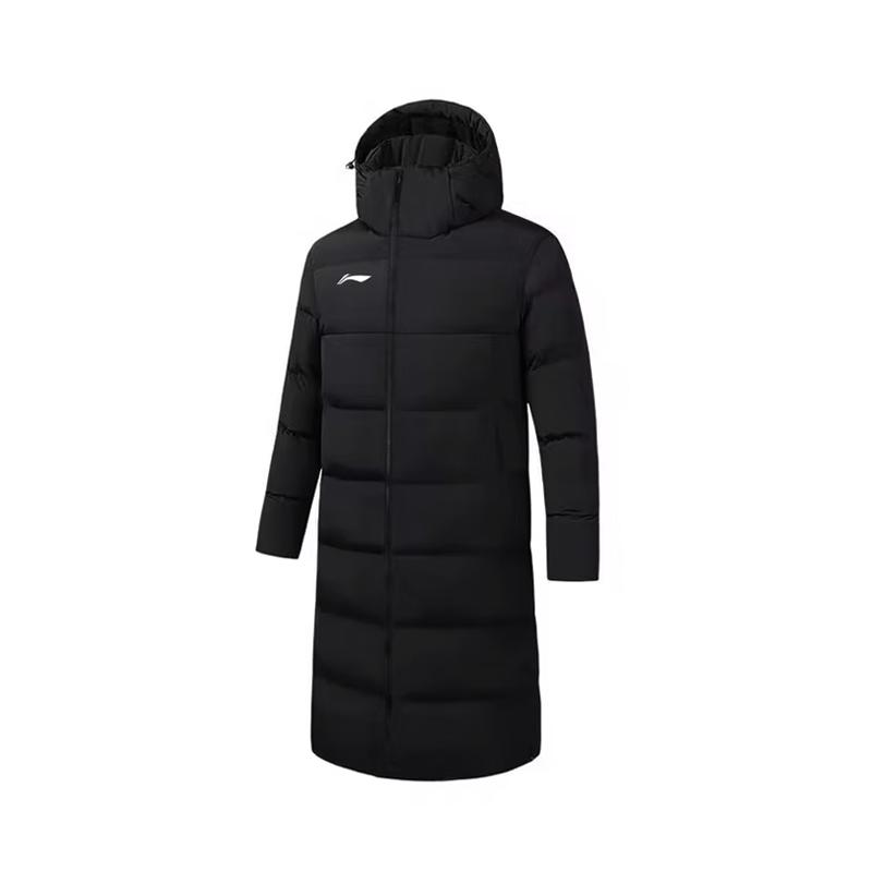 Li Ning Brand Logo Solid Color Outdoor Casual Knee-Length Warm Windproof Hooded Down Jacket Men Jacket Black YYMV233-1