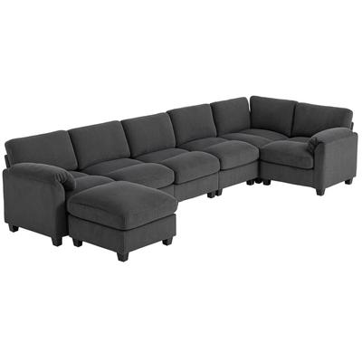 Corner Sofa U-Shaped Sofa Couch with Spring Cushioning, Padded Armrests, Movable Ottoman, Corduroy, 292x224x85 Cm, Dark Grey