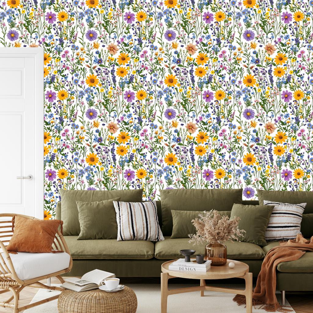 Wild Flowers Wallpaper Light Gray and Lime for Living Room and Bedroom 50x1000