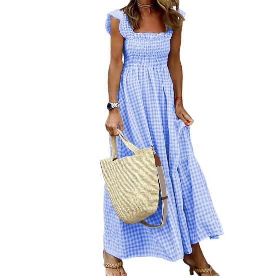 Square Collar Sleeveless Ruffle Trim Summer Dress Plaid Print Stitching Large Hem