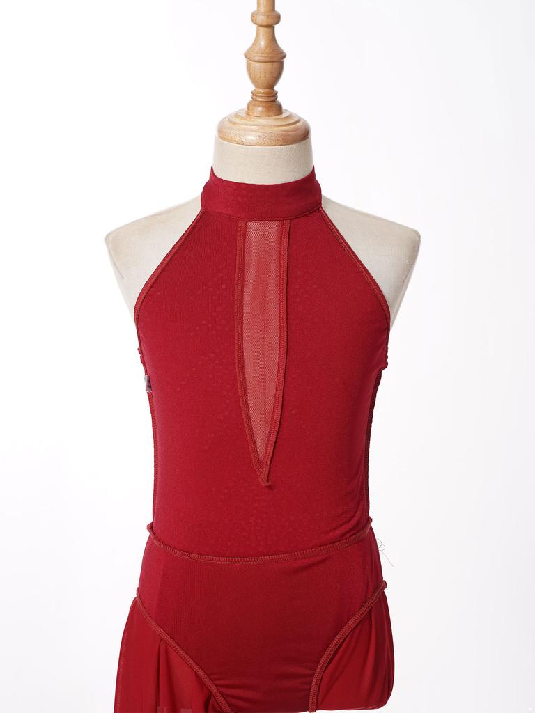 Costum Patinaj Artistic Fete Body Decoltat la Spate Fustă Asimetrică din Plasă Rochie Strălucitoare cu Strassuri pentru Spectacol de Dans