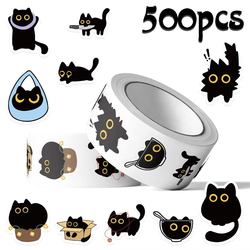 500Pcs/Roll Self-adhesive Cat Stickers Cartoon Graffiti Stickers Black Cat Stickers  Stationery