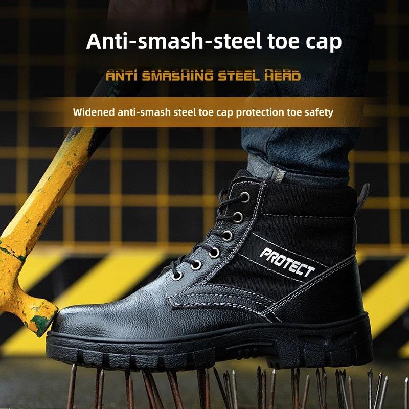 Black Leather Work Shoes Men's Winter Safety Shoes Man Steel Toe Boots Waterproof Work Safety Boots Women Protective Boots