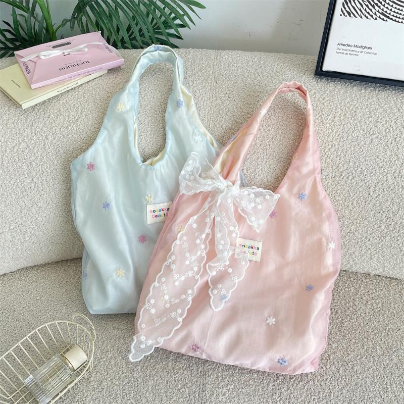 Bestickte Tragetasche Chiffon Unifarbene Blumen-Umhängetasche Große Kapazität Koreanischer Stil Leinwand-Achseltasche Für den Weg zur Arbeit