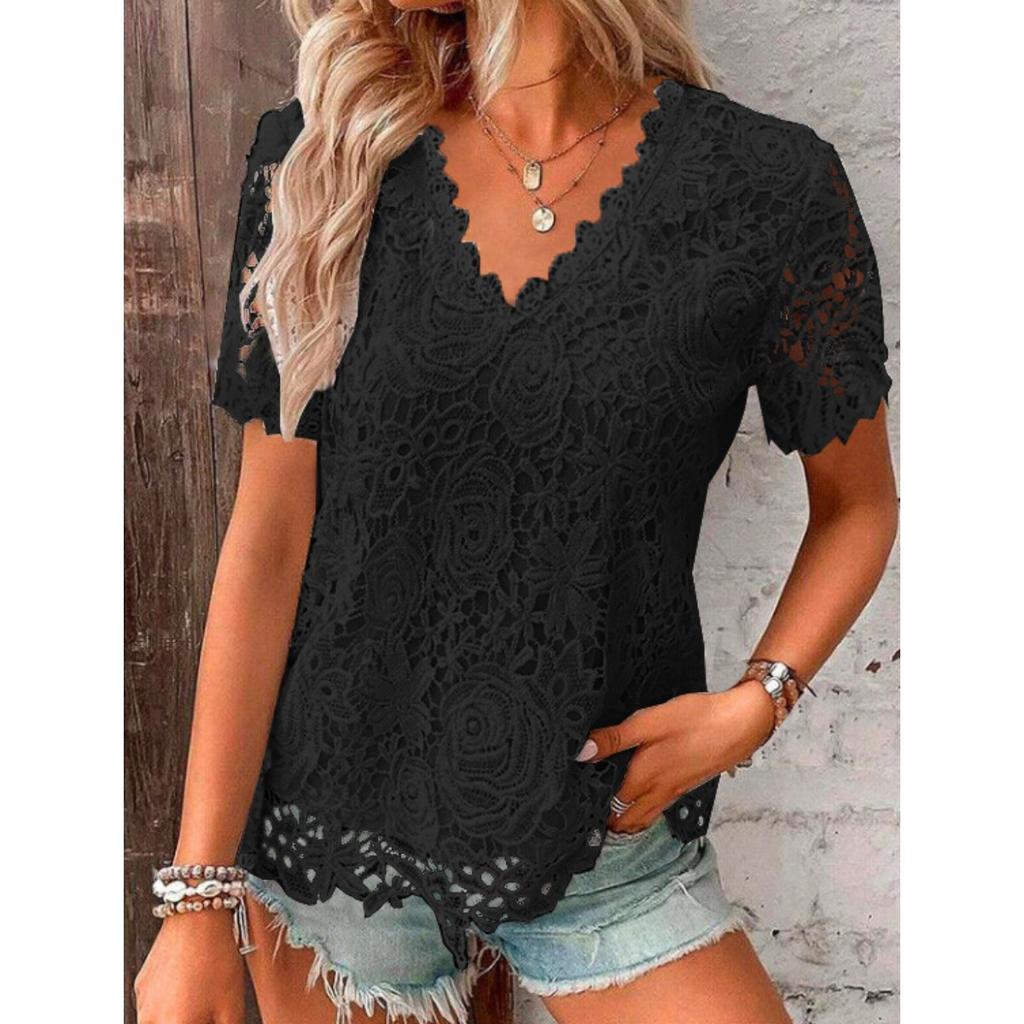 Summer New Arrival Elegant V-neck Short Sleeve Lace Top T-shirt