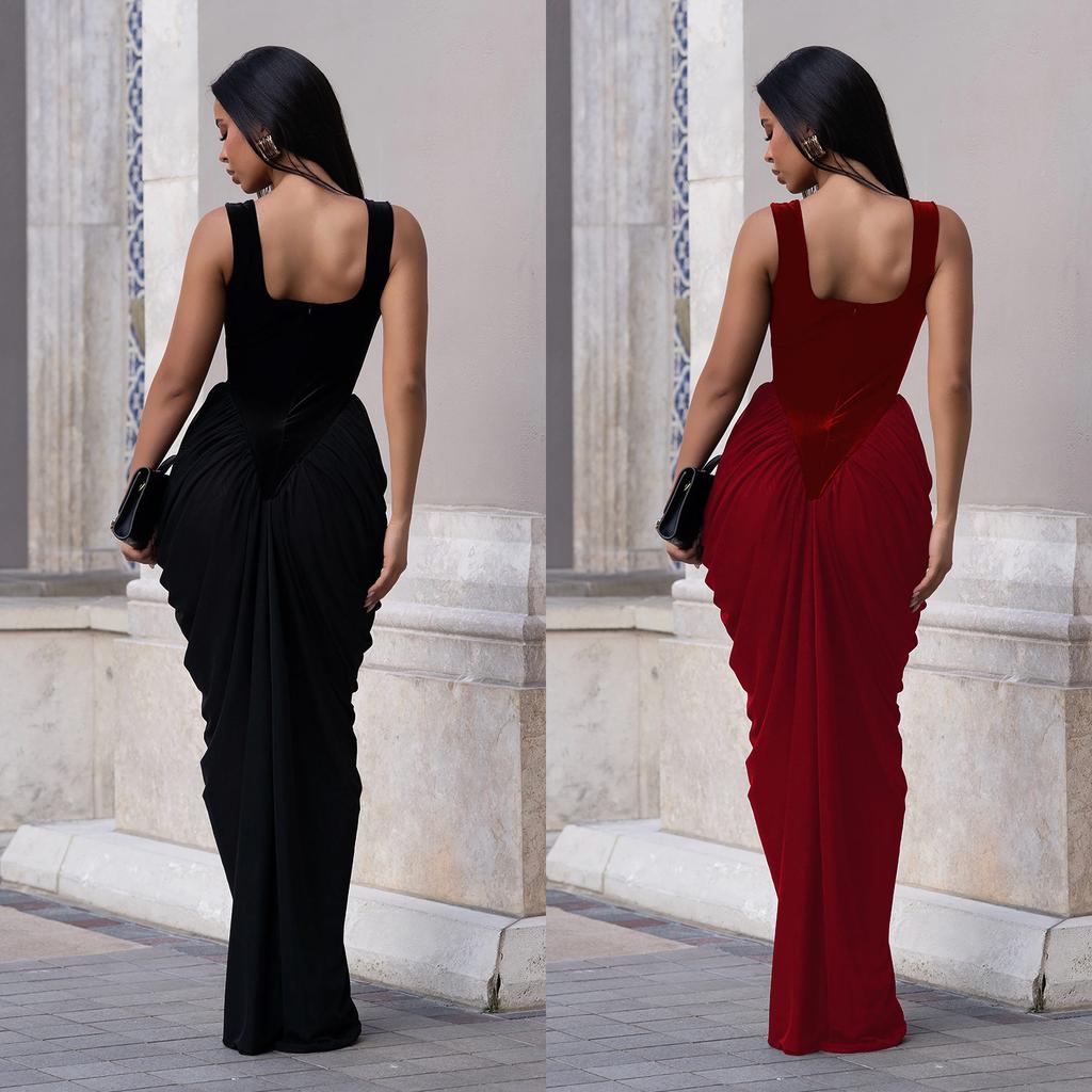 Women Square Neck Sleeveless Draped Maxi Dress Solid Color Elegant Evening Formal Dress