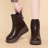 Women Genuine Leather Wedges Ankle Cotton Boots Winter New High Quality Thick Sole Round Toe Thicken Plush Keep Warm Snow Boots