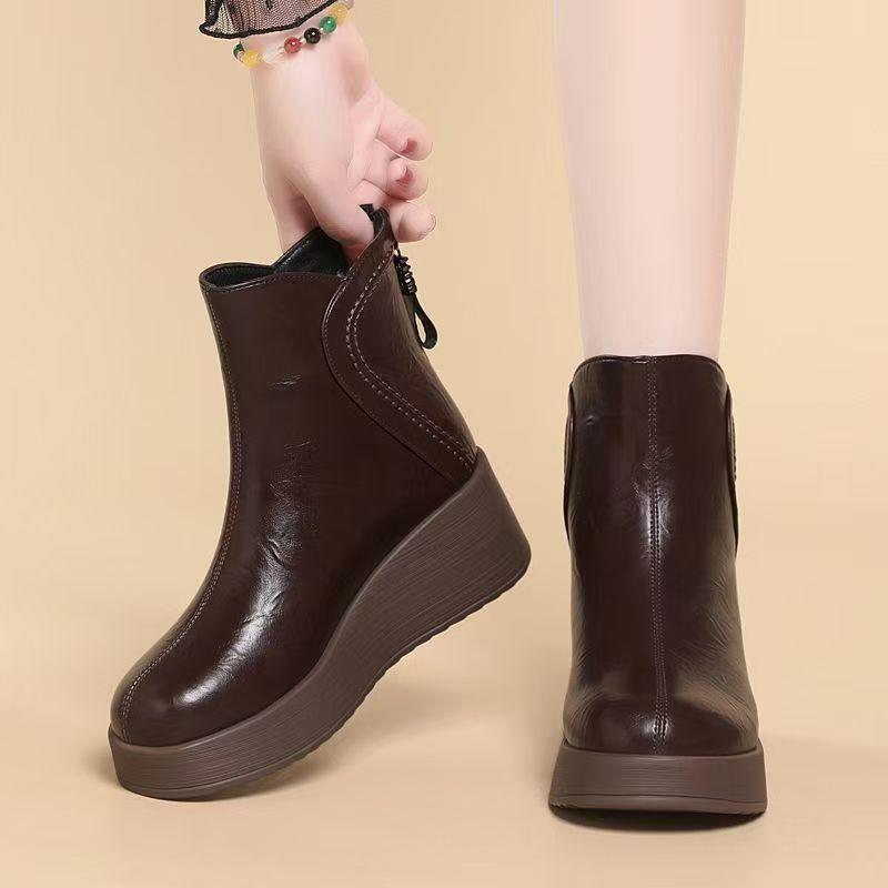 Women Genuine Leather Wedges Ankle Cotton Boots Winter New High Quality Thick Sole Round Toe Thicken Plush Keep Warm Snow Boots