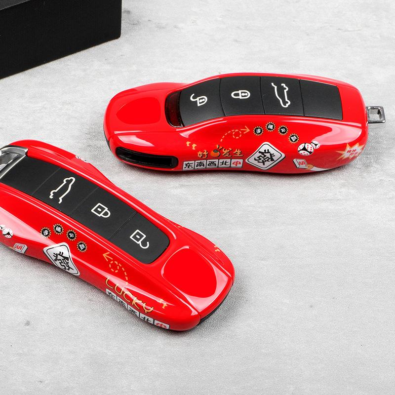 AABKR1 Red Mahjong Painting Car Key Case for Porsche Boxster Cayman Panamera Cayenne Macan 718/911 Taycan