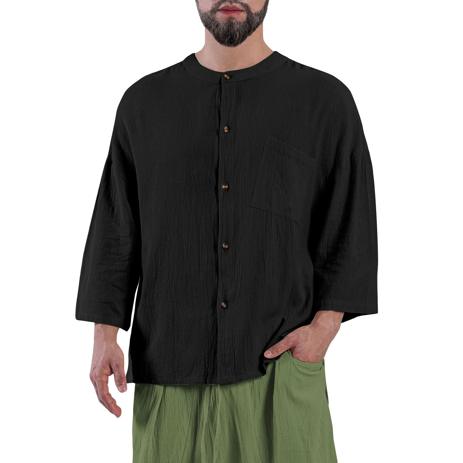 

Мужская однотонная рубашка без воротника с карманами из хлопка и льна на пуговицах три четверти XXL