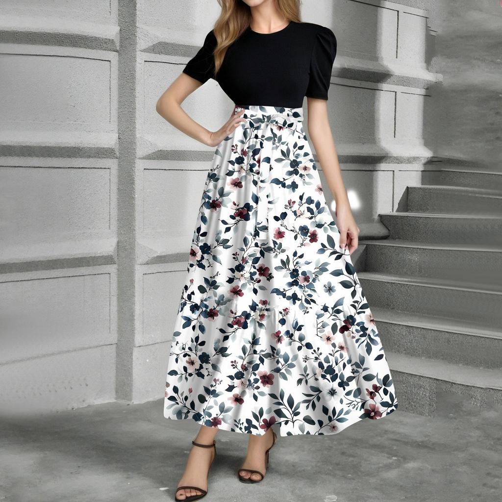 Women's Fashion Casual Belt Short Sleeve Round Neck Print Stitching Elegant Temperament Dress
