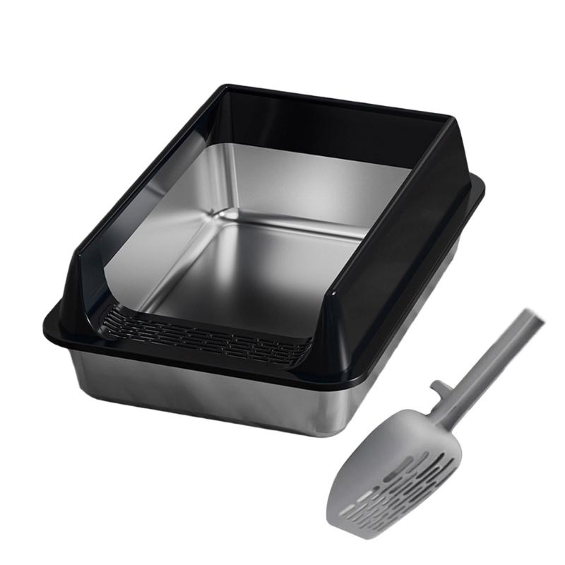 Large Half Enclosed Cats Litter Pan Stainless Steel AntiSplash Design Ventilation Litter Tray for Indoor Outdoor Cats