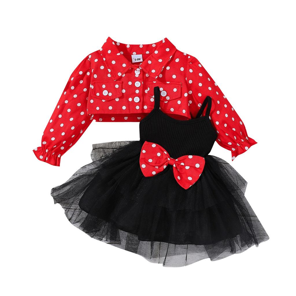 Girls' Toddler Strap Mesh Dress+Polka Dot Lapel Coat Set