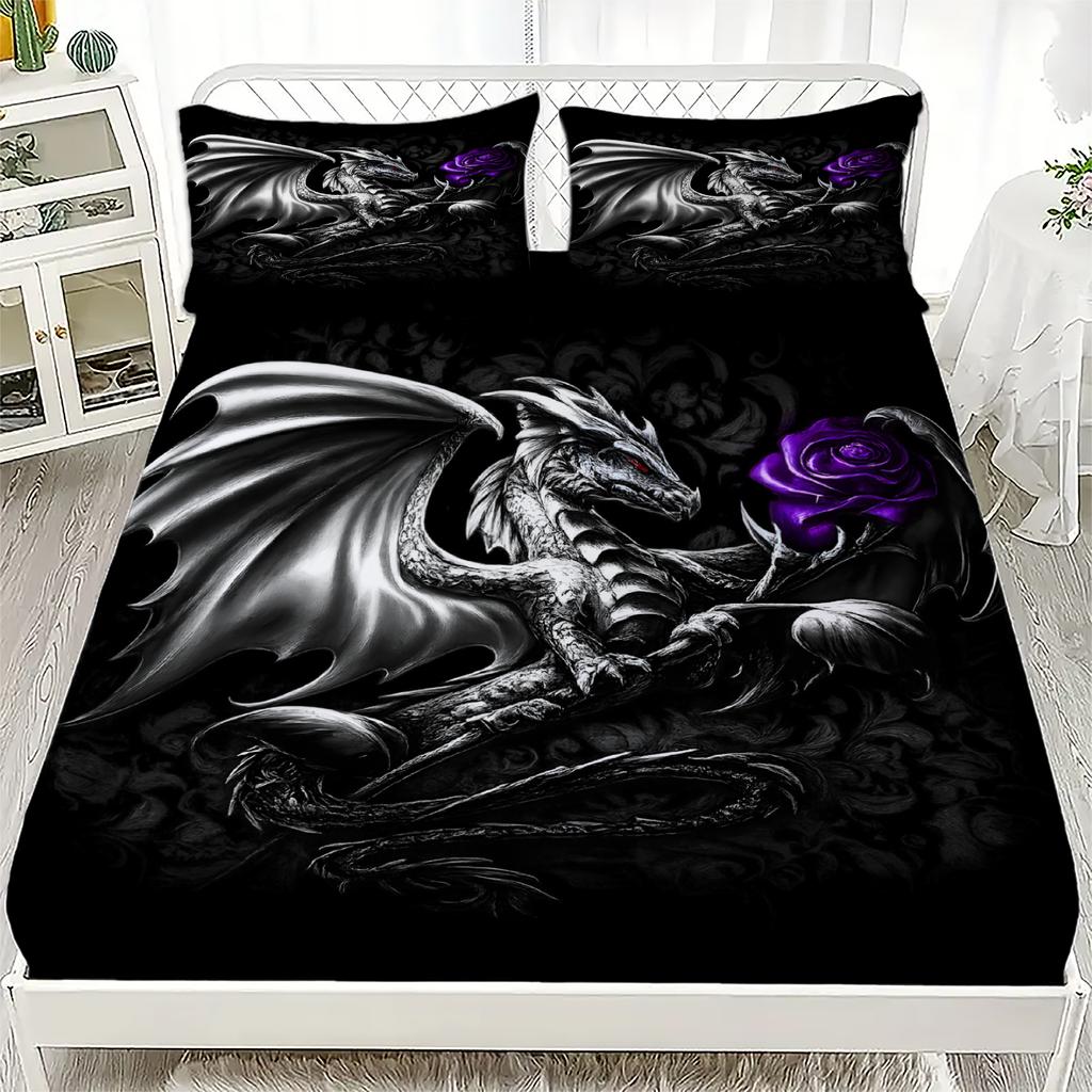 Black Dragon Purple Flower 3D Print Fitted Sheet Set 100% Polyester Mattress Covers Breathable Bedding Set With 2 Pillowcases