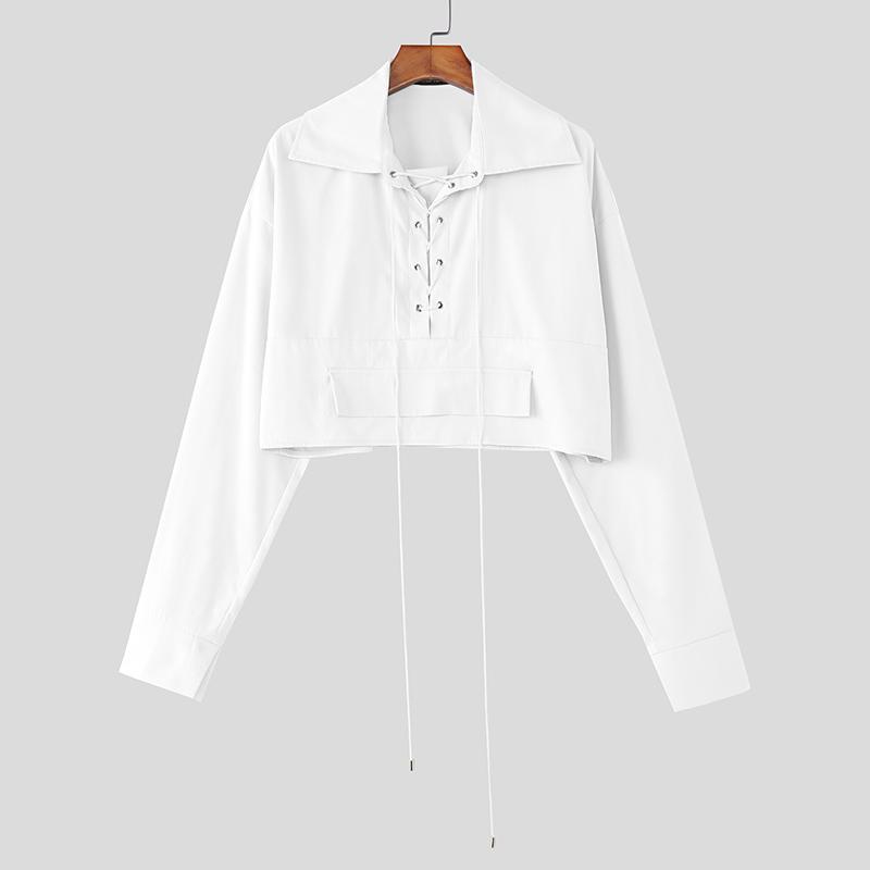 INCERUN Oversized Men Lapel Neck Long Sleeve Bandage Casual Loose Cropped Shirts