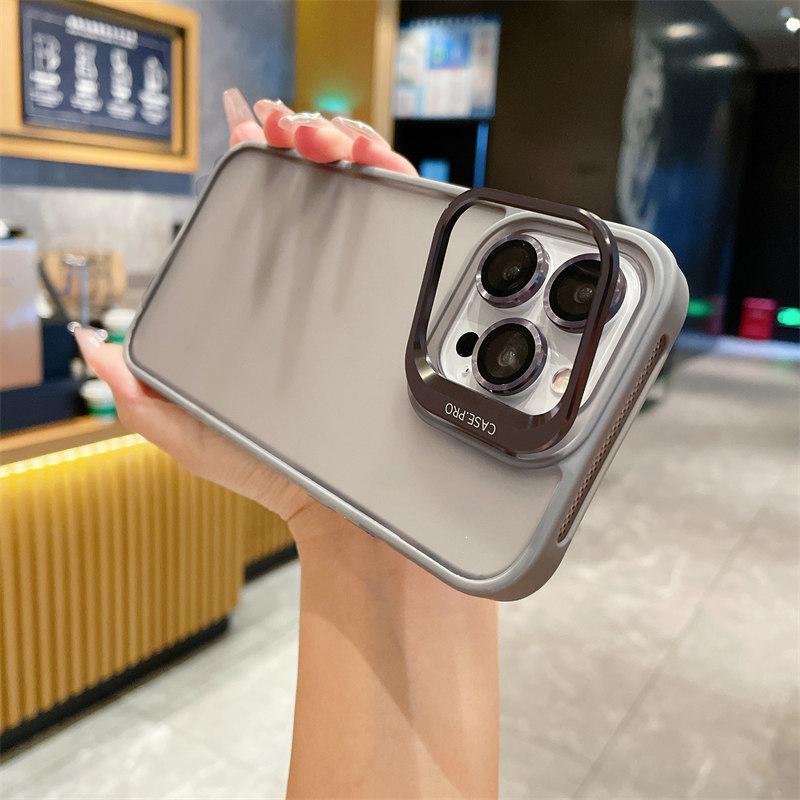 With Lesn Film Metal Camera Holder Stand Phone Case For iPhone 15 Plus 14 Pro Max 13 Pro 12 11 Shockproof Matte Lens Bracket Shell Cover