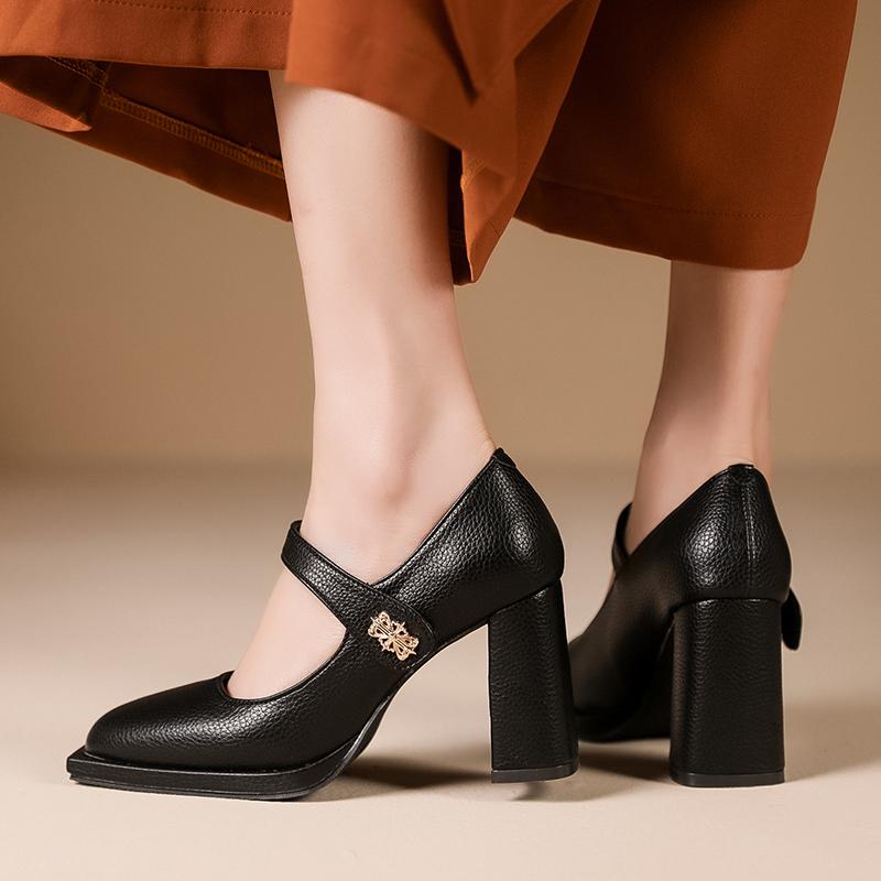 Silný podpatek Single Dámské Boty Jarní Square Head Plochý knoflík Měkká podrážka Mary Jane Dámské Boty Zapatos Para Mujeres