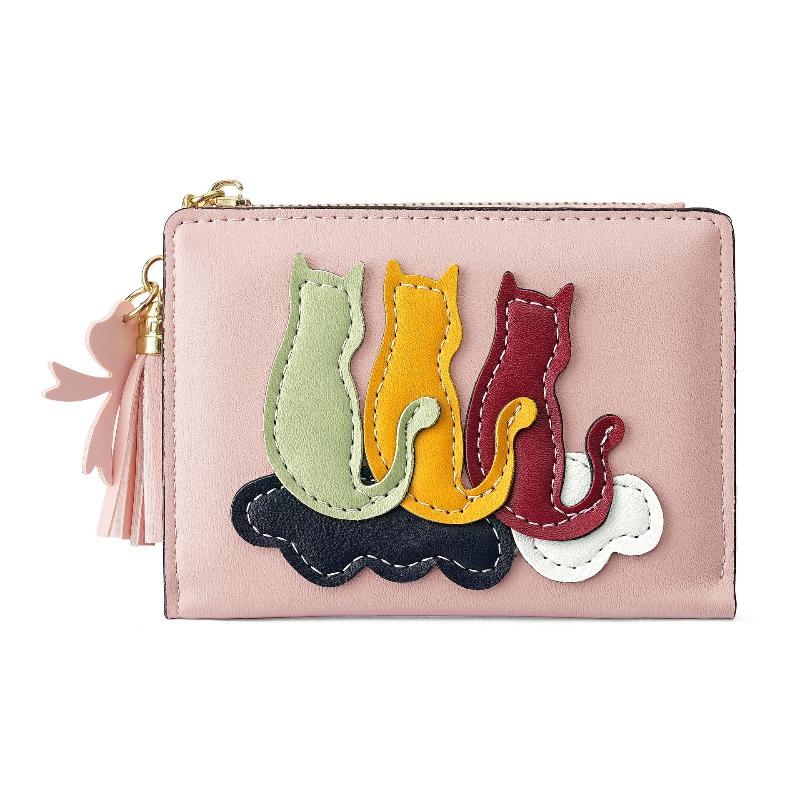 Women’s Cute Cat Pattern Short Wallet PU Leather Bifold Wallet Zipper Coin Purse Card Holder Tassel Mini Wallet for Girls and Ladies