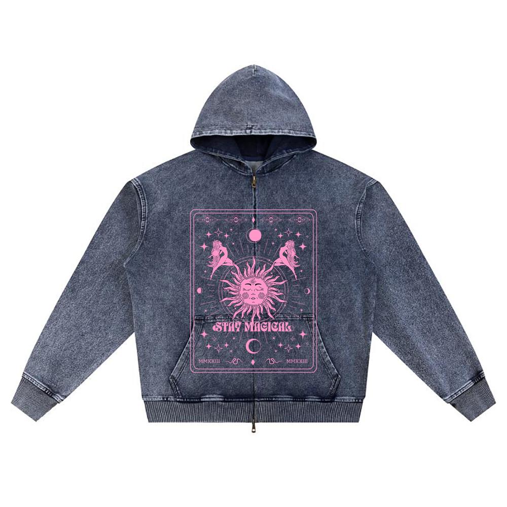 

DTG print Knitted Denim Zip-Up Hoodie Stay Magical Mystical Brother Print Zipper Hoodies XL