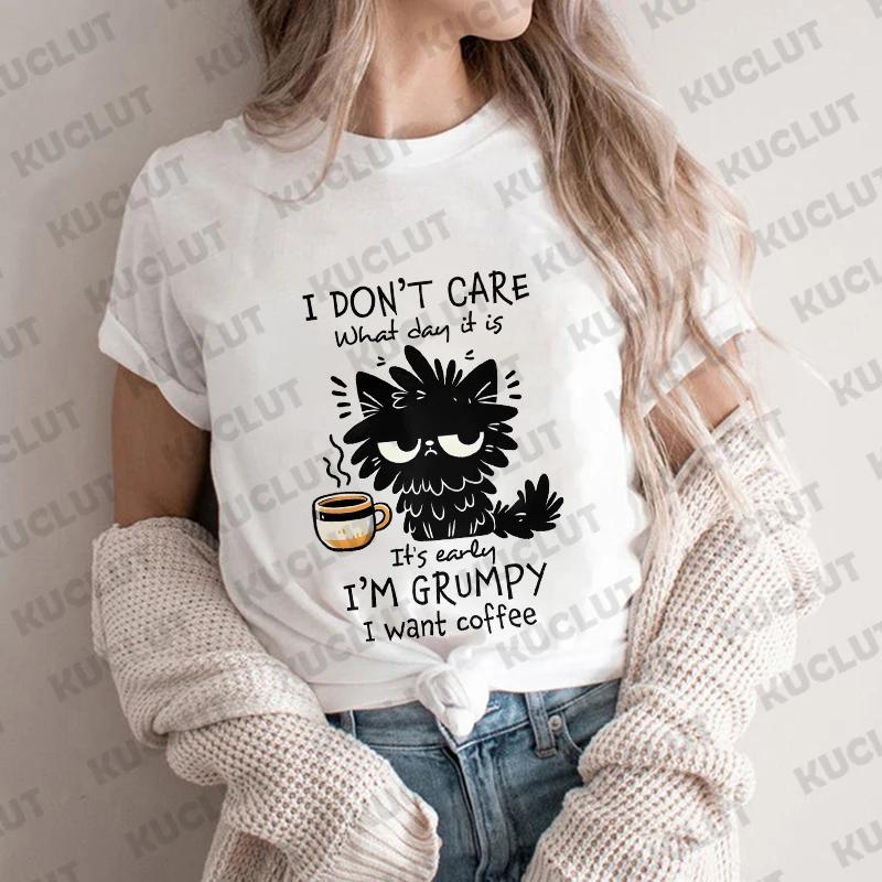 

I Want Coffee TShirt Unisex Summer Short Sleeve Y2k Tops Fashion Hip Hop Tees Clothes Black Cat Comfortable Casual T Shirt S