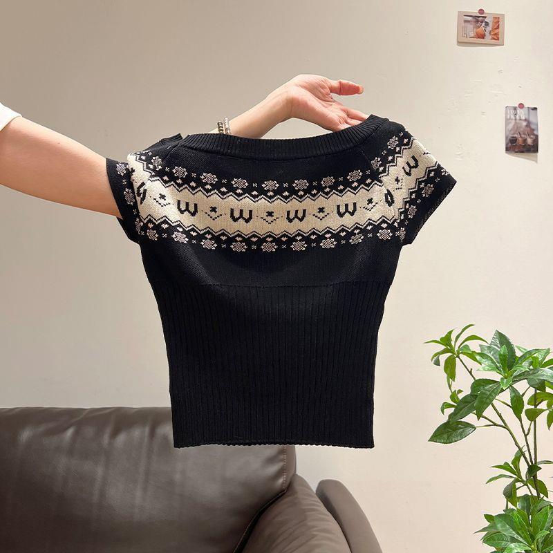 Korean Style Color Block One-Shoulder Knit Top - Women s 2025 Autumn Slimming Off-Shoulder T-Shirt S (up to 47.5kg)