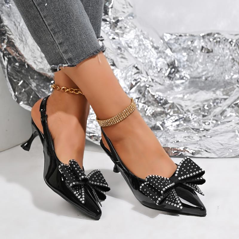 Fashion Luxury Glitter Bowknot Decoration Patent Leather Pumps Summer Sexy Pointed Toe Sling Back Pumps High Heel Dress Party Sandals