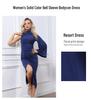 European and American Autumn/Winter Women's Solid Bell Sleeve Slit Dress