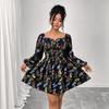 New Printed Cake Dress Square-neck Backless Sexy Puffed-sleeve Dress