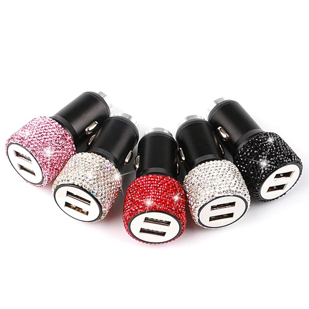 Ny Bling USB Billader 5V 2.1A Dual Port Rask Adapter Rosa Bildekor Bil Styling Diamond Biltilbehør Interiør for kvinne