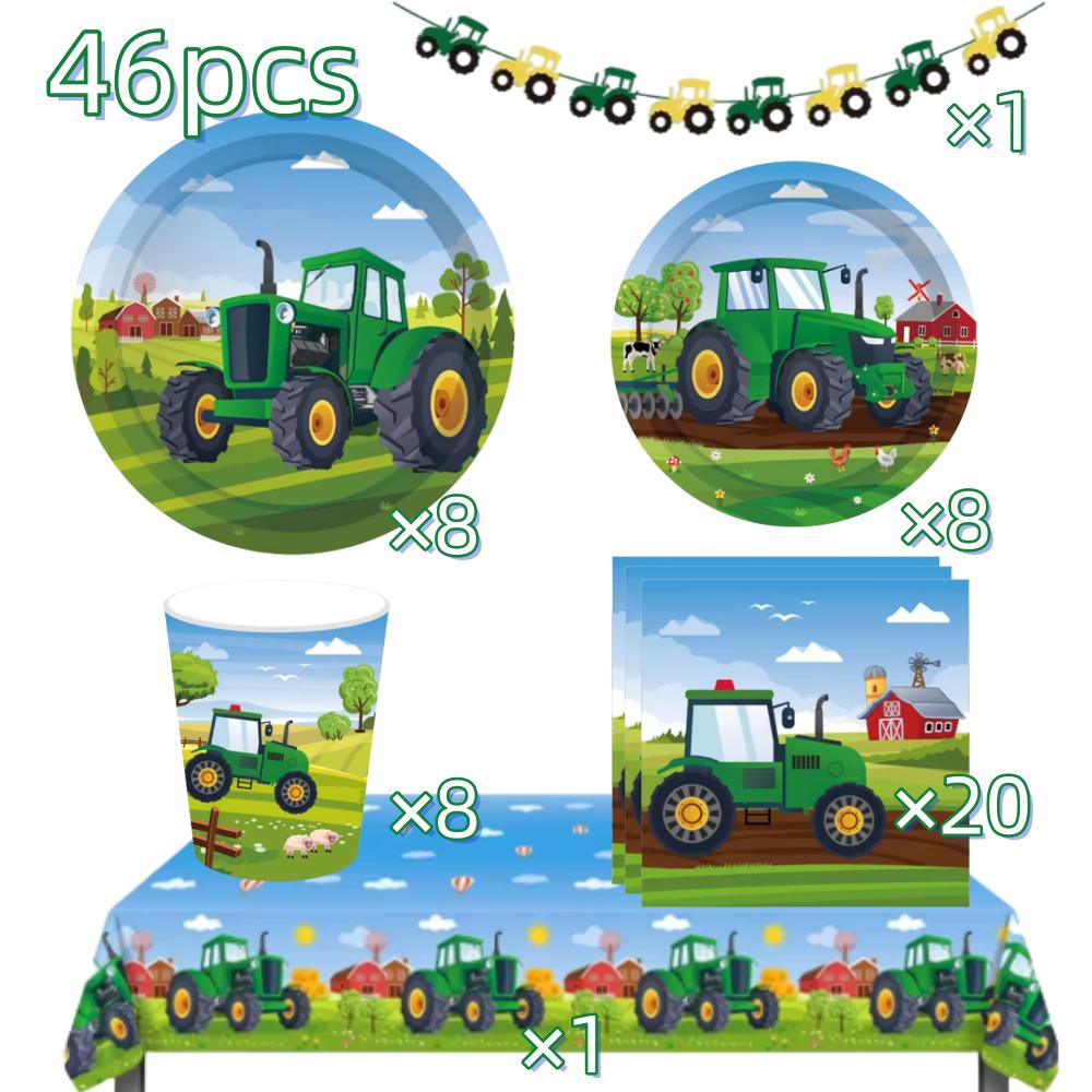 Green Tractor Birthday Decoration Tableware Balloons Cup Plate Truck Vehicle Excavator Kids Boys Party Favors Gift Baby Shower