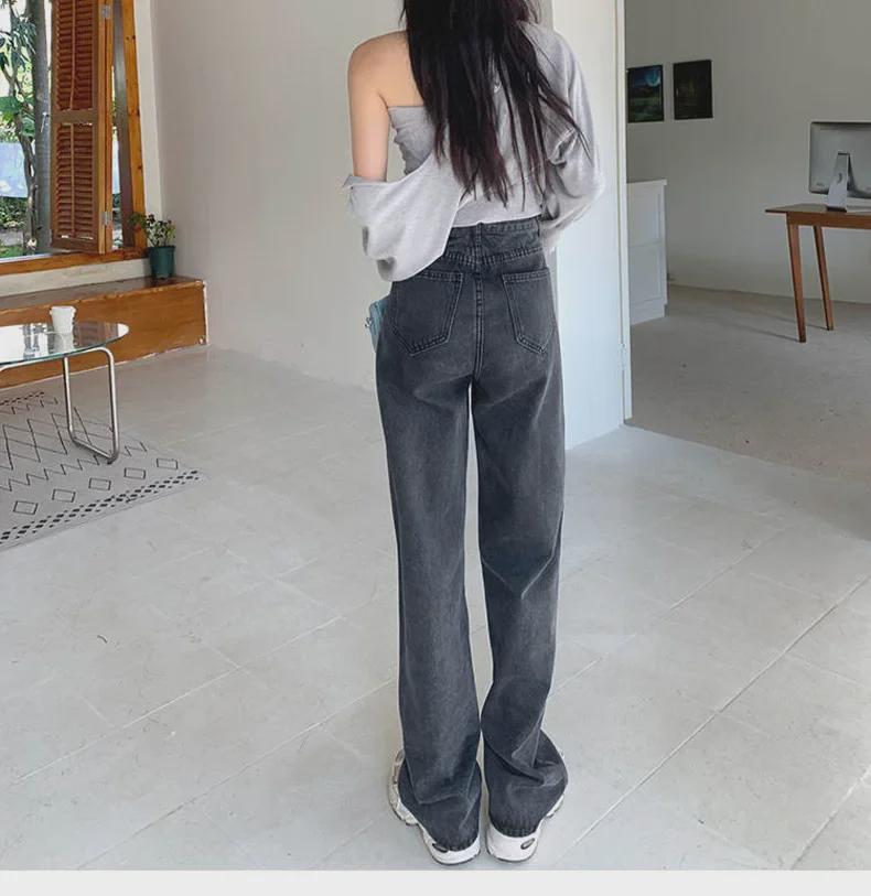 Women's High Waist Black Gray Wide-Leg Jeans - Slim, Floor-Length, Autumn/Winter 2021 Style