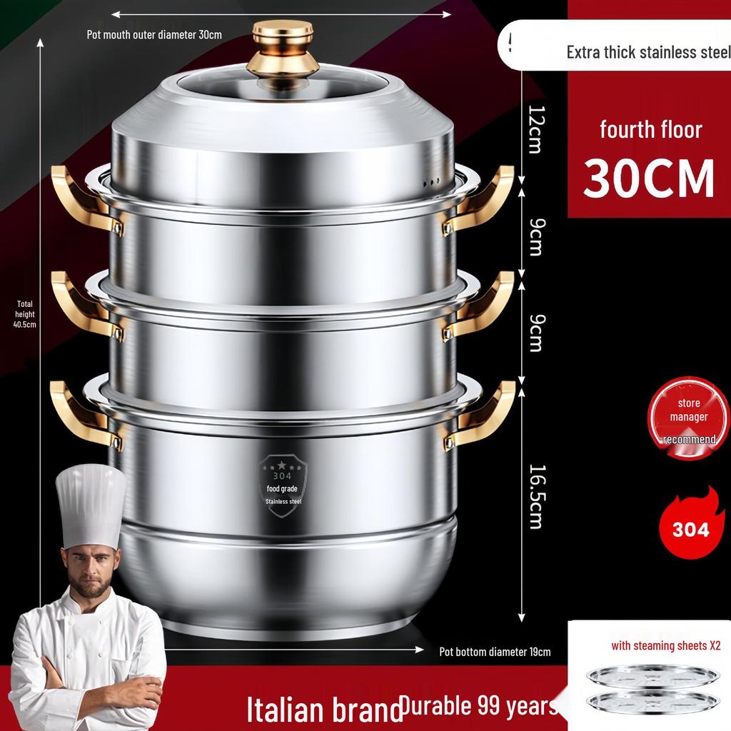 Großvolumiger Dampfkochtopf aus 316 Edelstahl mit 2/3/4 Einsätzen für Suppe, Mantou und Fisch