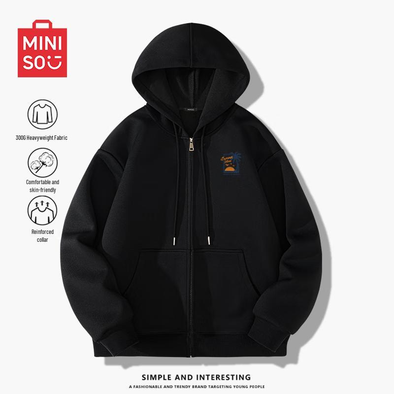 MINISO Men's Hooded Heavyweight Sunset Island Print Zipper Sweatshirt