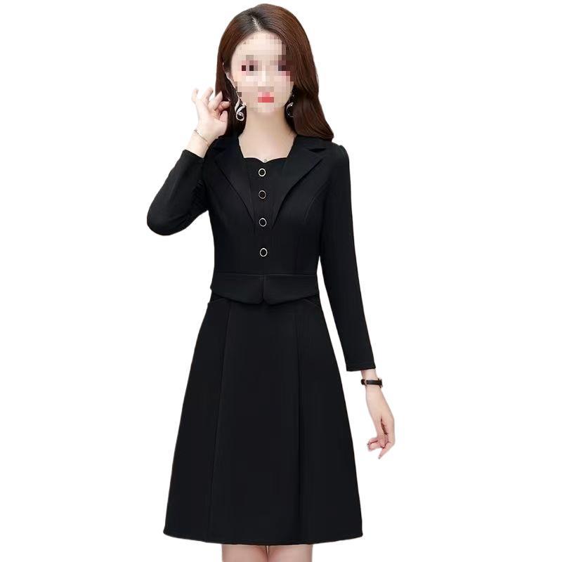Spring Stylish Buttoned Lapel Dress for Middle-Aged Women: Elegant A-line Midi Skirt, Fake Two-Piece Design