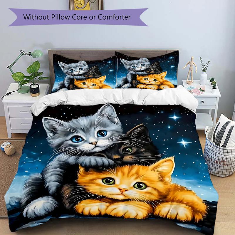 3pcs Three Cute Kittens Under a Starry Night Sky Pattern Bedding Three-Piece Set, This Printed Bedding Set Is Soft and Comfortable