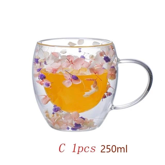 250/350ml Double Wall Coffee Mug With Handles Clear Milk Cups Gifts Glass Cup Fill Artificial Simulation Flowers Teacup