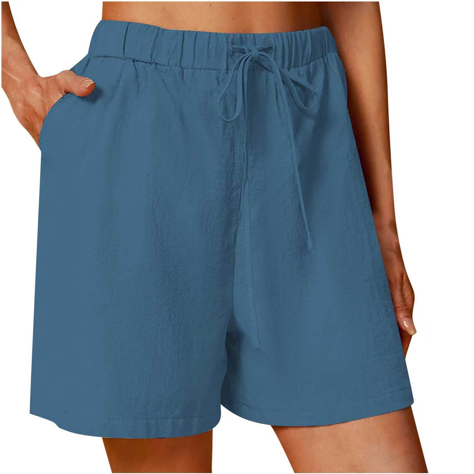 

Summer WoMan s Cotton and Linen Shorts, Solid Color, Comfortable Wide-leg Chic Shorts, Five-point Pants XS peacock синього кольору