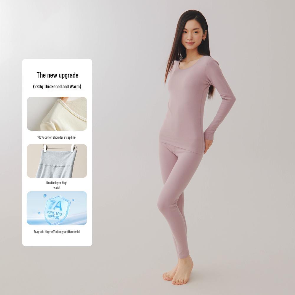 Women's Plus Size Double-Sided Flannel Underwear Set - Pure Cotton, Thick Round Neck Base Layer for Autumn and Winter